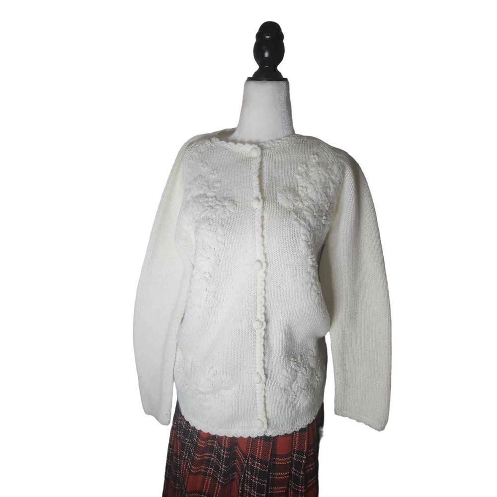 White 50s Cardigan Button Front Floral Embroidery EATONS Large